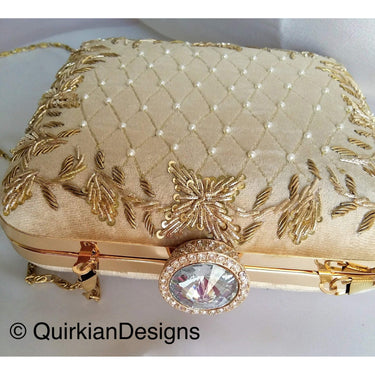 Beige Velvet Square Box Clutch With Intricate Floral Embroidery And Diamante Clasp, Wedding Clutch, Party Bag, Beaded Clutch